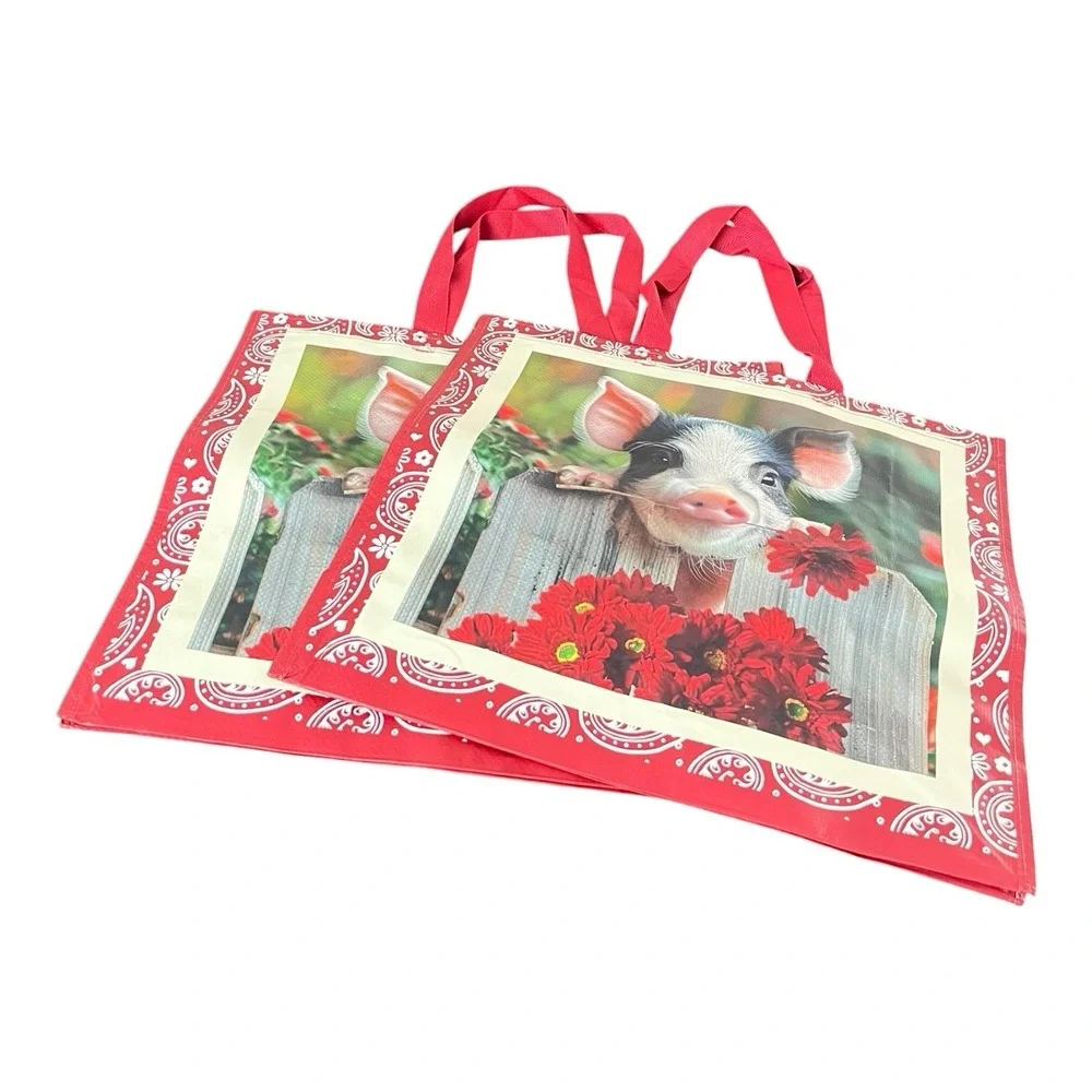 New Large 2 Goodwill Reusable Shopping Bag Piglet With Red Flowers Double Sided